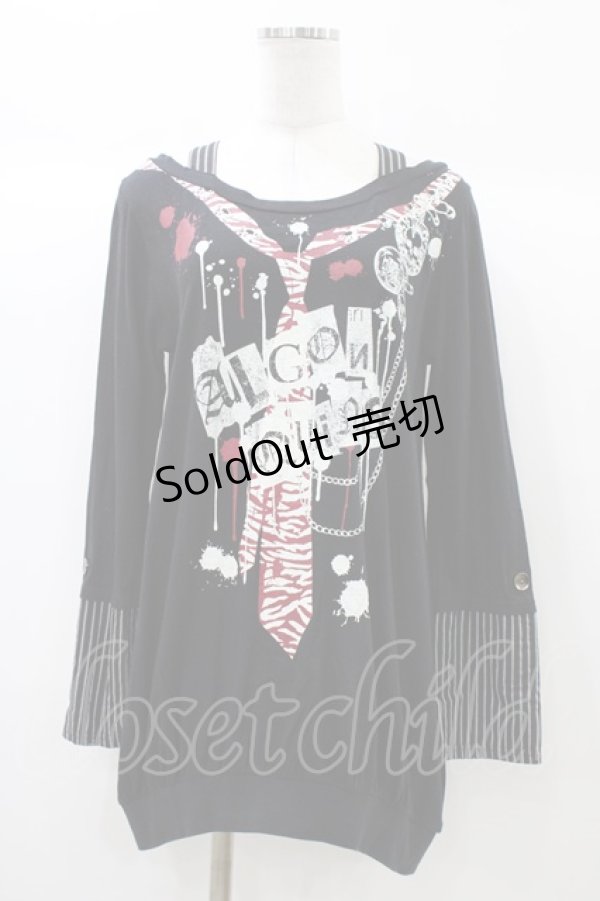 画像1: ALGONQUINS / ストライプ切替プリントロングカットソー  黒 H-25-12-26-057-AL-TO-KB-ZH (1)