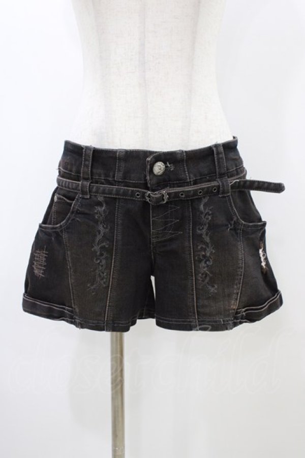 画像1: Ozz Croce / ベルト付ダメージデニムショートパンツ  ブラック H-25-12-26-011-OO-PA-KB-ZH (1)