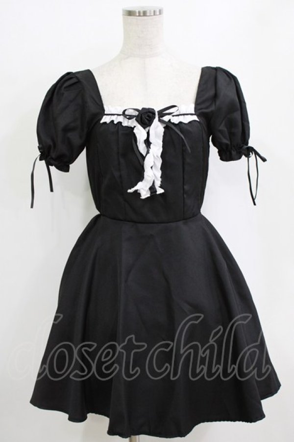 画像1: MARBLE / パニエ付きバラ飾りパフフリルワンピース  ブラック×ホワイト H-26-01-06-029-GO-OP-KB-ZH (1)