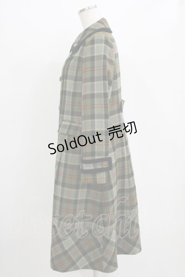 画像2: Jane Marple / ウールタータンのダブルボタンコート  グリーン H-26-01-06-031-JM-CO-KB-ZH (2)