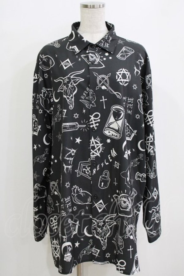 画像1: REFLEM / オカルト総柄シャツ  モノクロ H-26-01-06-056-PU-BL-KB-ZH (1)