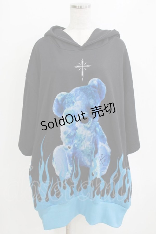 画像1: TRAVAS TOKYO / Fire bear H/S Hoodie  ブラック×ブルー H-26-01-06-058-PU-TO-KB-ZT0108H (1)