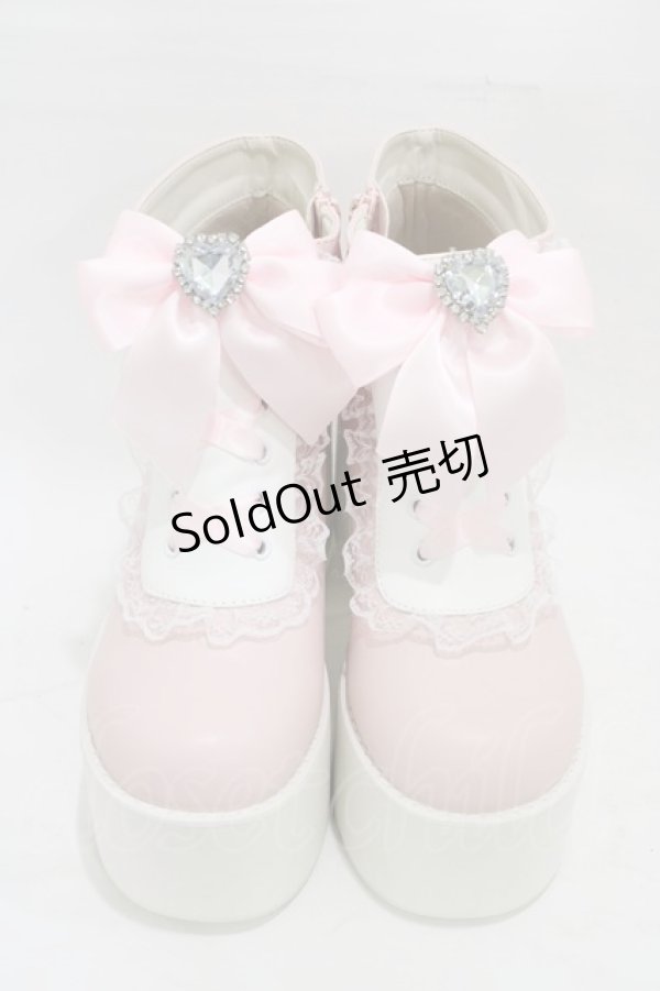 画像1: DearMyLove / ハートビジューレースアップショートブーツ 24.5cm ピンク H-26-01-07-1005-EL-SH-NS-ZH (1)