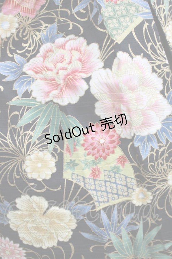 画像4: metamorphose / 花と扇の和柄タックジャンパースカート サイズ1 ブラック H-26-01-07-005-ME-OP-NS-ZH (4)