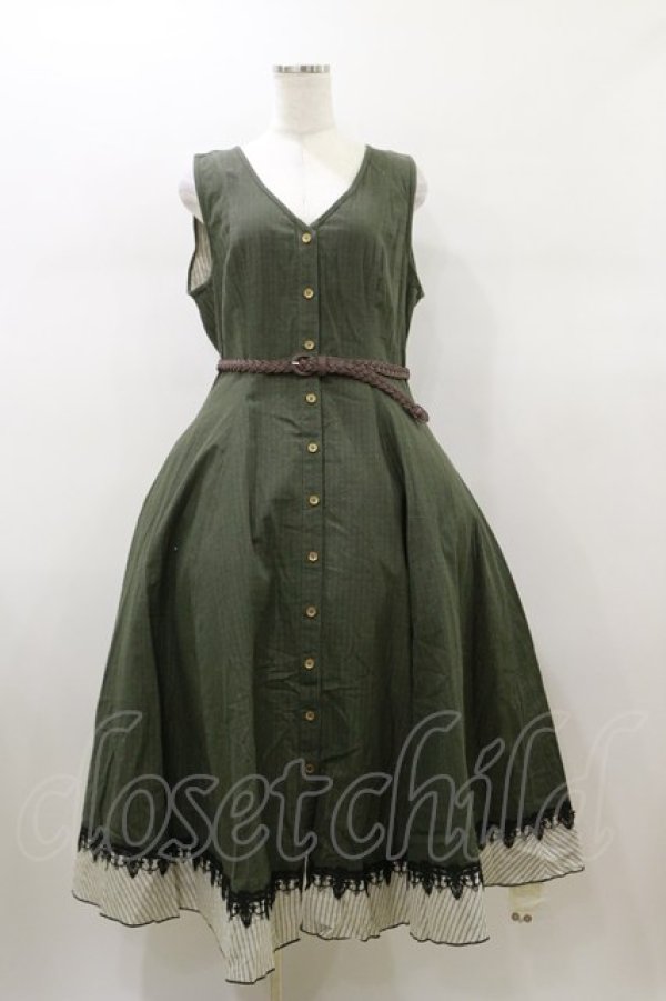 画像1: Forest Song（海外ロリータブランド） / 灰緑の縦縞クラシカルジャンパースカート XL グリーン H-26-01-08-083-LO-OP-NS-ZH (1)