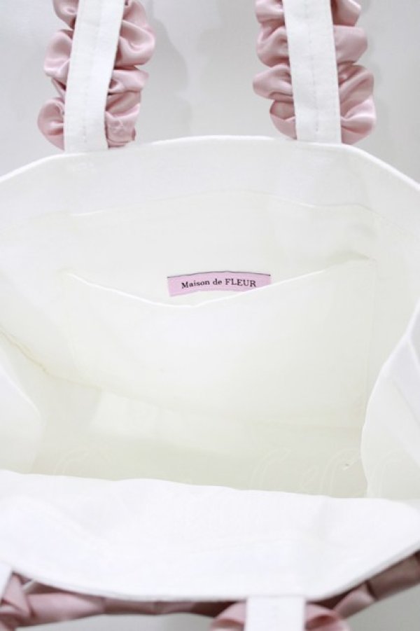 画像2: Maison de FLEUR / ジャカードリボンフリルスクエアトートSバッグ  オフ/ピンク H-26-01-10-1070-LO-BG-NS-ZH (2)