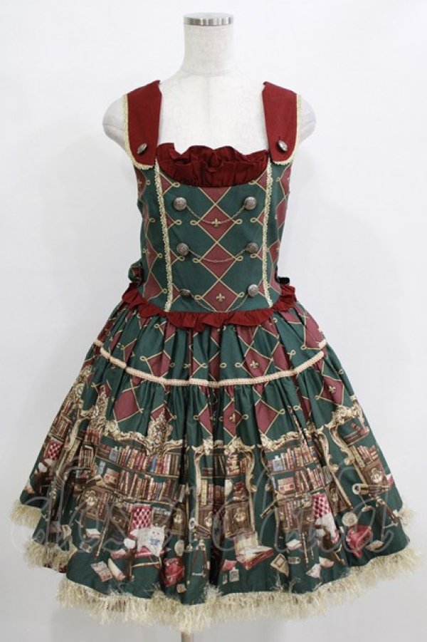 画像1: metamorphose / 主の書斎バッスルジャンパースカート Free グリーン H-26-01-15-041-ME-OP-NS-ZH (1)