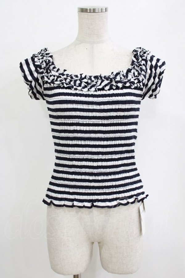 画像1: Secret Honey / シャーリングボーダートップス Free ネイビー H-26-01-15-076-CA-TO-NS-ZH (1)