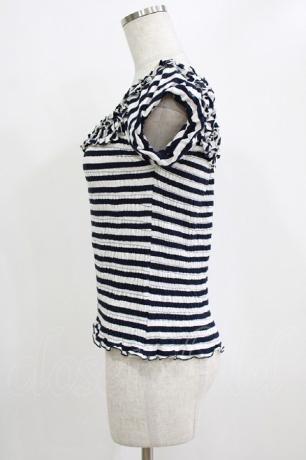 画像2: Secret Honey / シャーリングボーダートップス Free ネイビー H-26-01-15-092-CA-TO-NS-ZH (2)