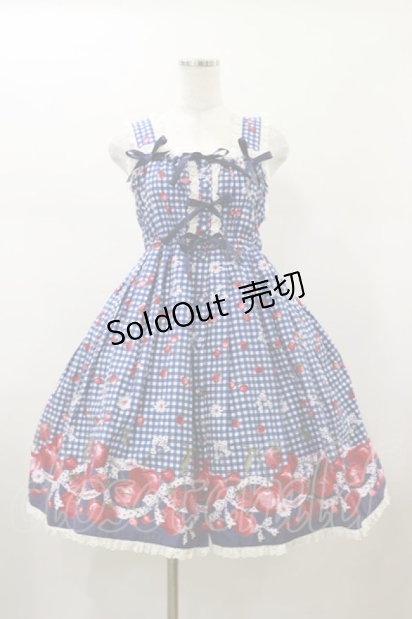 画像1: metamorphose / ギンガムチェリーシャーリングジャンパースカート Free ブルー H-26-01-17-082-ME-OP-NS-ZH (1)