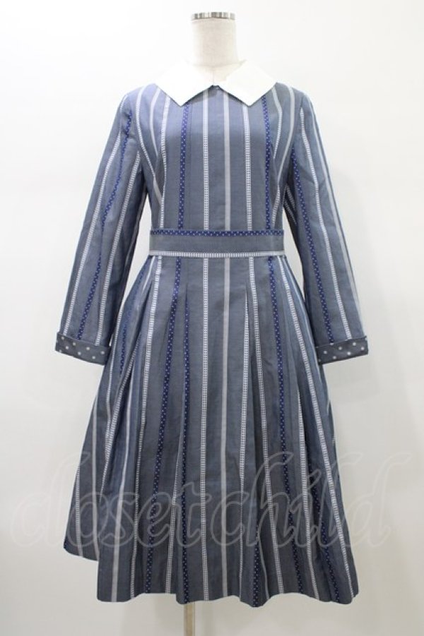 画像1: Jane Marple / Ribbon stripe jacquardのパプリックドレス  ブルーグレー H-26-01-18-1025-JM-OP-KB-ZH (1)