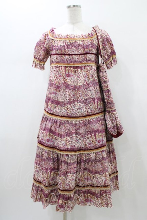 画像1: Jane Marple Dans Le Salon / 総柄リバティティアードワンピース+トートバッグ M ボルドー H-26-01-18-1035-JM-OP-KB-ZH (1)