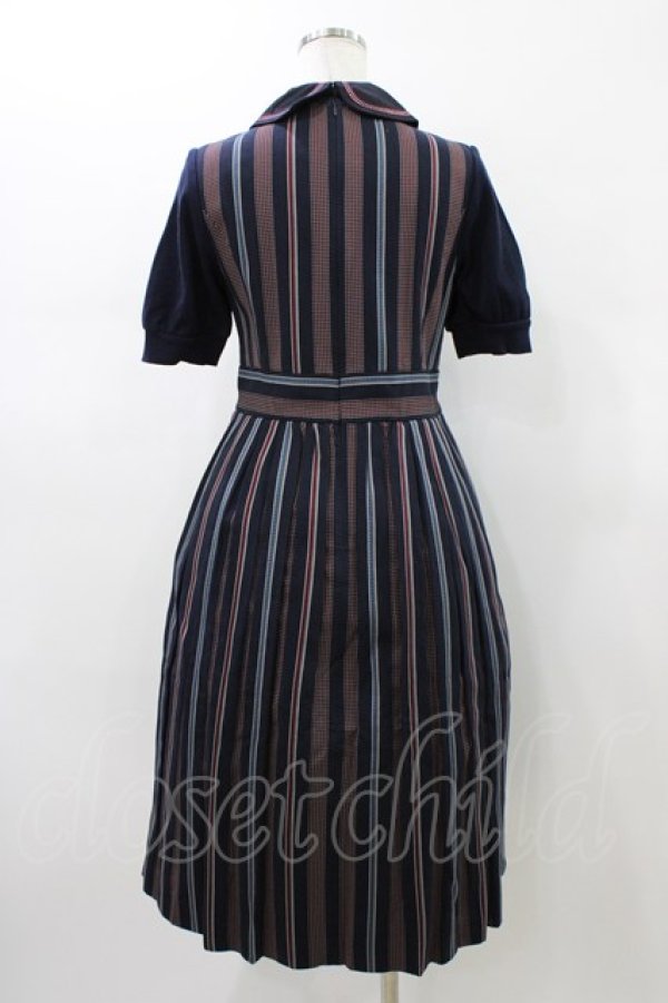 画像2: Jane Marple Dans Le Salon / ニットスリーブレジメンタルワンピース  ネイビー H-26-01-18-1017-JM-OP-KB-ZH (2)