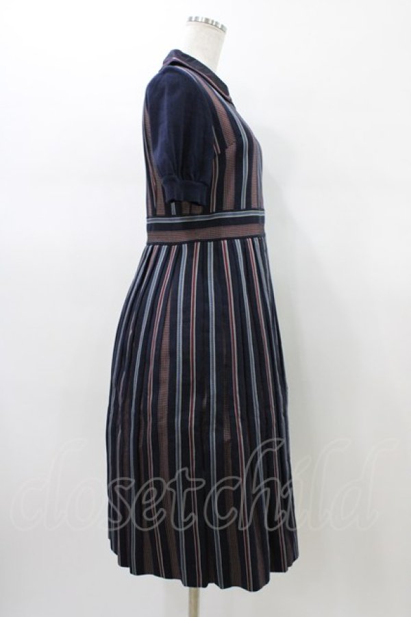 画像3: Jane Marple Dans Le Salon / ニットスリーブレジメンタルワンピース  ネイビー H-26-01-18-1017-JM-OP-KB-ZH (3)