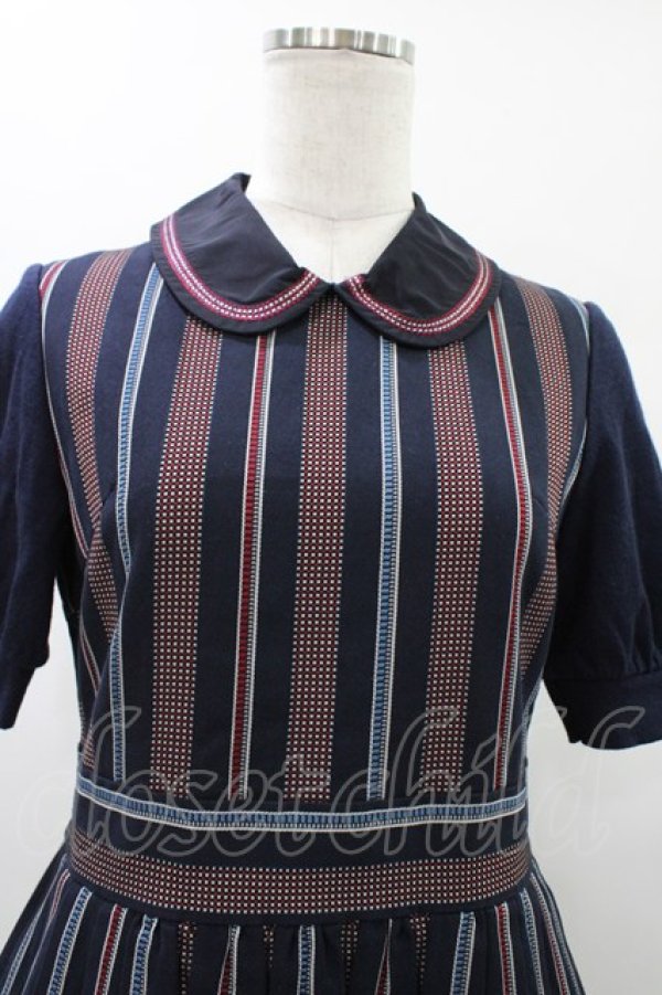 画像4: Jane Marple Dans Le Salon / ニットスリーブレジメンタルワンピース  ネイビー H-26-01-18-1017-JM-OP-KB-ZH (4)