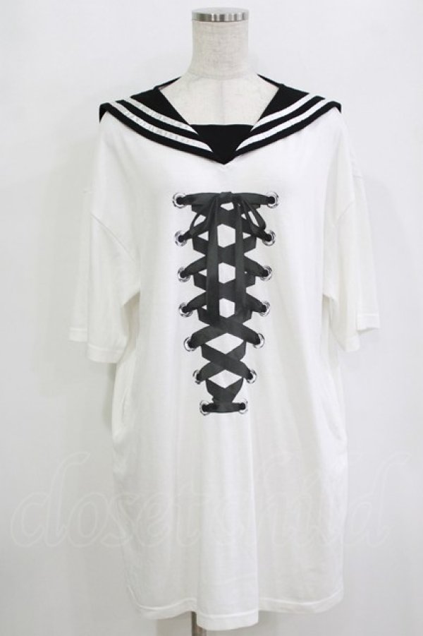 画像1: LISTEN FLAVOR / レースアップリボンセーラーワンピース  ホワイト H-26-01-21-044-PU-OP-KB-ZH (1)