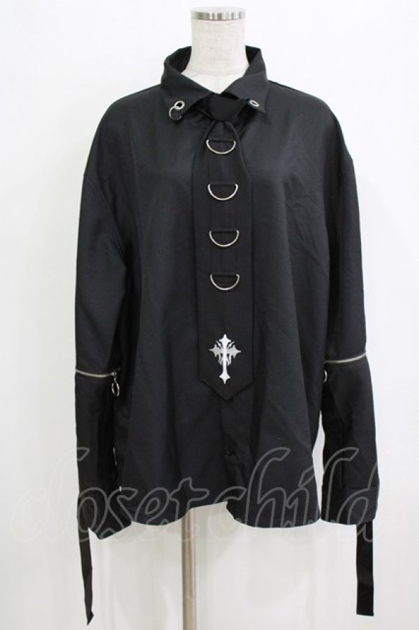 画像1: Amilige / クロスロゴプリント袖リングシャツ＆リングクロス刺繍ネクタイ  ブラック H-26-01-21-047-PU-BL-KB-ZH (1)