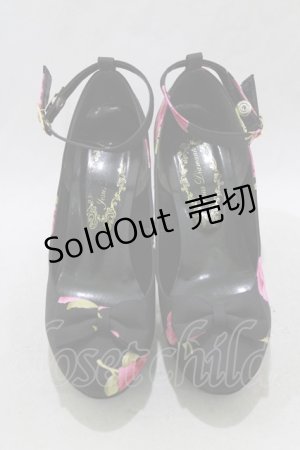 画像: JESUS DIAMANTE / ロココLadyワンリボンパンプス S BBローズ柄黒ピンク H-26-01-22-1075-JE-SH-NS-ZH