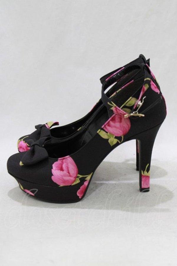画像2: JESUS DIAMANTE / ロココLadyワンリボンパンプス S BBローズ柄黒ピンク H-26-01-22-1075-JE-SH-NS-ZH (2)