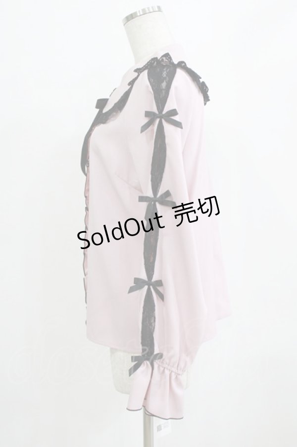 画像2: DearMyLove / レースちら見せ袖の丸襟リボンブラウス L ピンク H-26-01-23-035-EL-BL-NS-ZH (2)