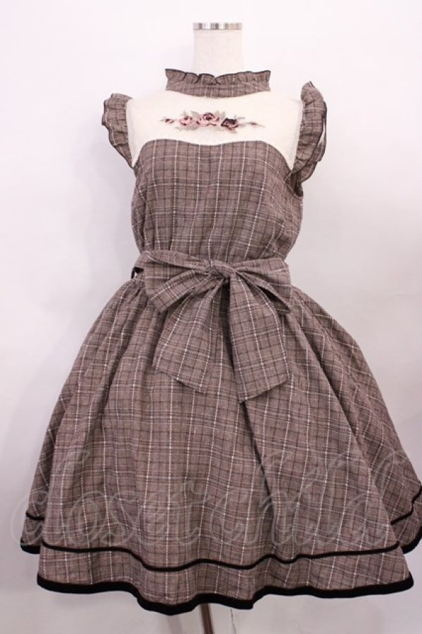 画像1: axes femme POETIQUE / バラ刺繍入りチェックワンピース M ブラウン H-26-01-23-1016-AX-OP-NS-ZH (1)