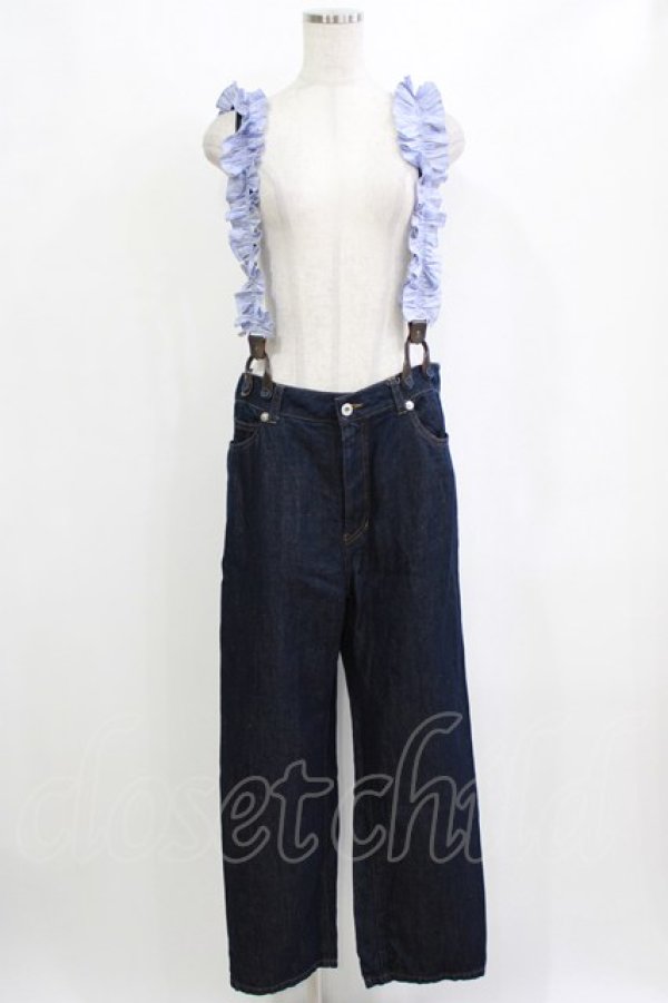 画像1: Jane Marple / Cotton Linen Denim Frill Suspenders Pants  ブルー H-26-01-25-026-JM-PA-KB-ZH (1)