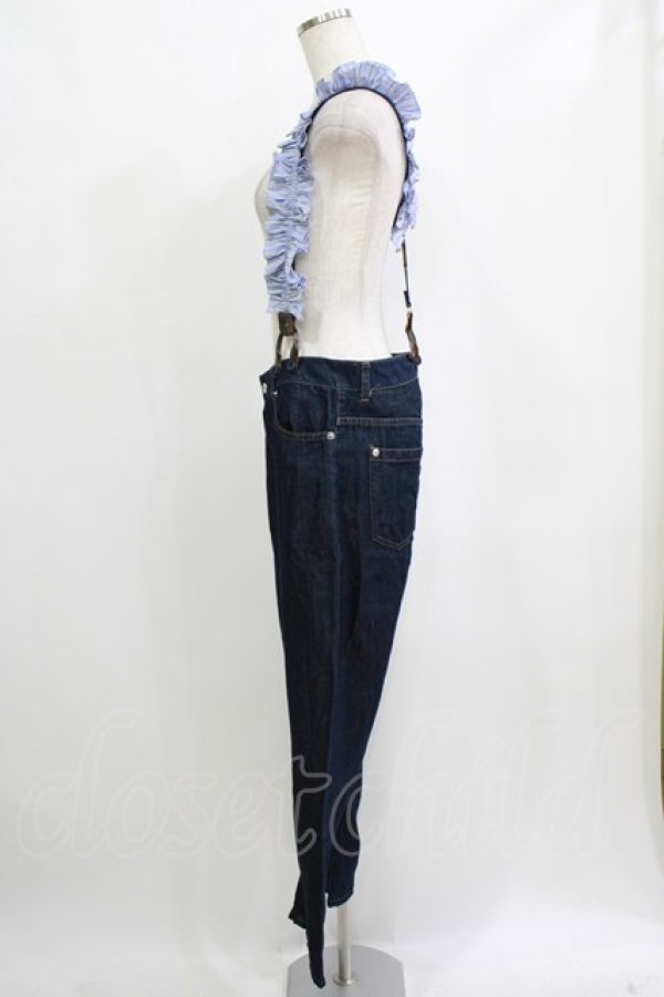 画像2: Jane Marple / Cotton Linen Denim Frill Suspenders Pants  ブルー H-26-01-25-026-JM-PA-KB-ZH (2)