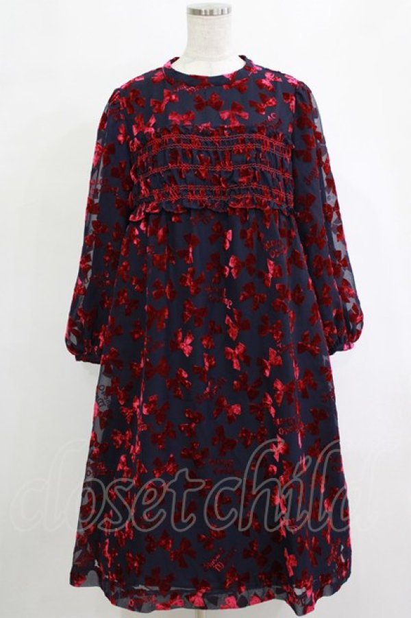 画像1: Jane Marple / Winter ribbonsスモッキングドレス  ネイビー×ワインレッド H-26-01-25-008-JM-OP-KB-ZH (1)