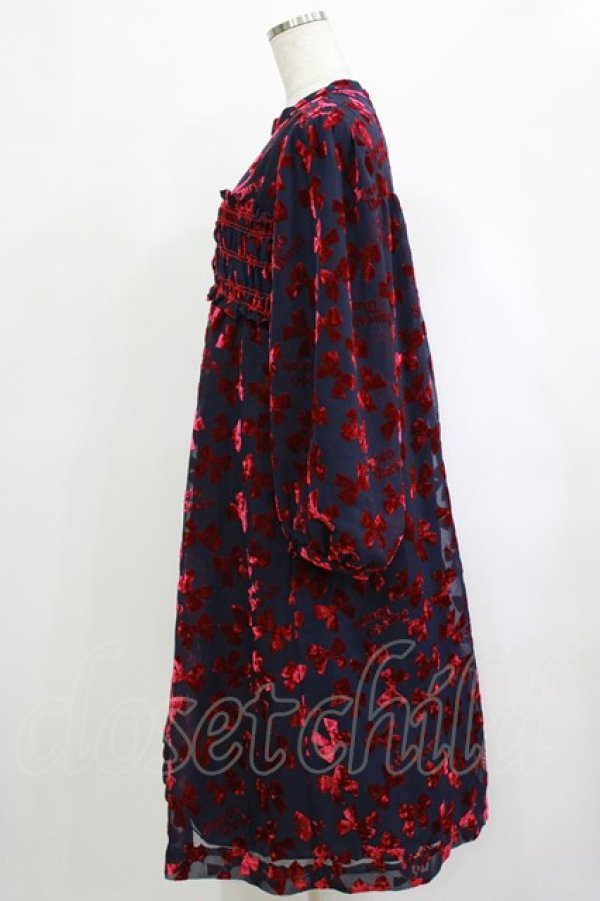 画像2: Jane Marple / Winter ribbonsスモッキングドレス  ネイビー×ワインレッド H-26-01-25-008-JM-OP-KB-ZH (2)