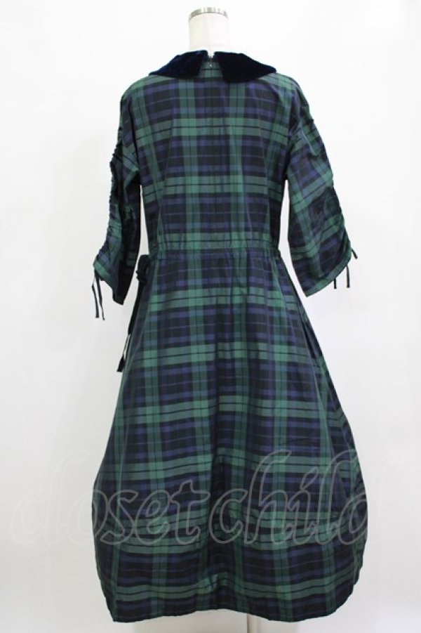 画像3: Jane Marple Dans Le Salon / メモリアルチェックベルベットカラードレス  グリーン×ネイビー H-26-01-25-002-JM-OP-KB-ZH (3)
