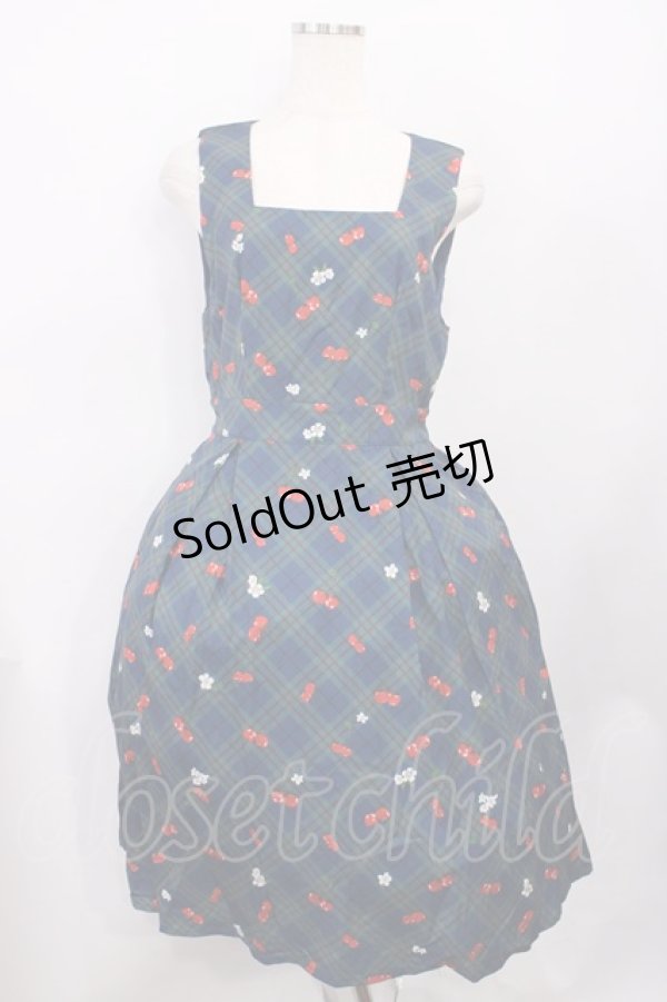 画像1: axes femme POETIQUE / チェリー柄チェックワンピース M グリーン H-26-01-27-1019-AX-OP-NS-ZH (1)
