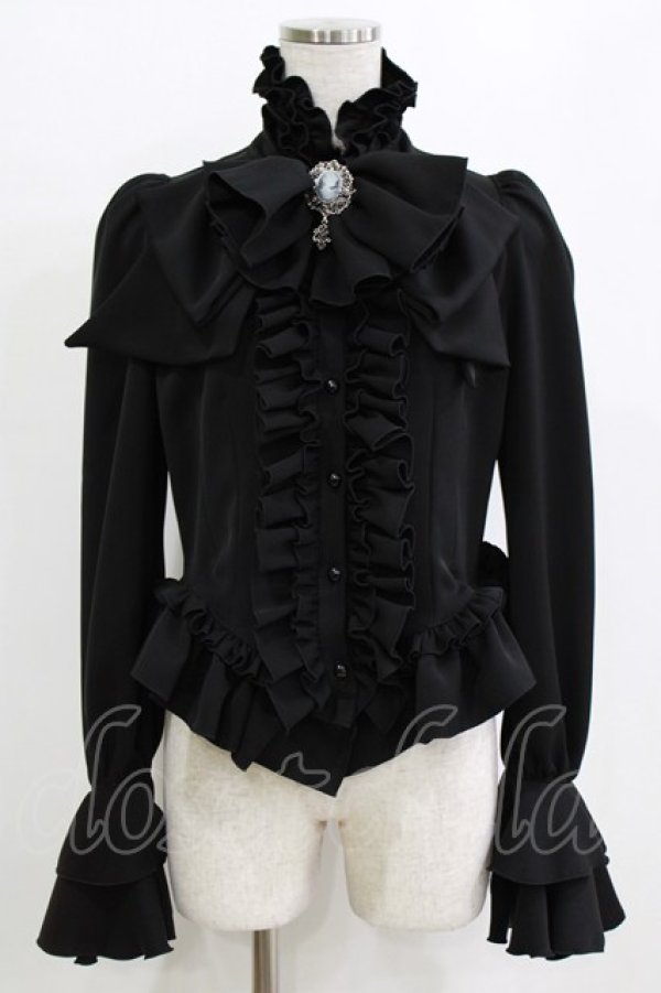 画像1: MARBLE / カメオ付きリボンタイフリルブラウス  黒 H-26-01-28-045-GO-BL-AK-ZH (1)