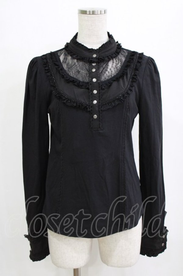 画像1: Ozz oneste / レースヨークスタンドカラーカットソー  ブラック H-26-01-28-050-OO-TO-KB-ZH (1)