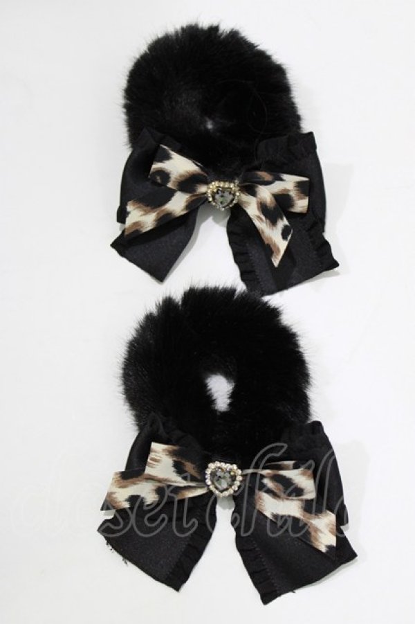 画像1: Rojita / フリルリボン付きファーシュシュSET  ブラック/レオパード H-26-01-30-073-LO-AC-NS-ZH (1)