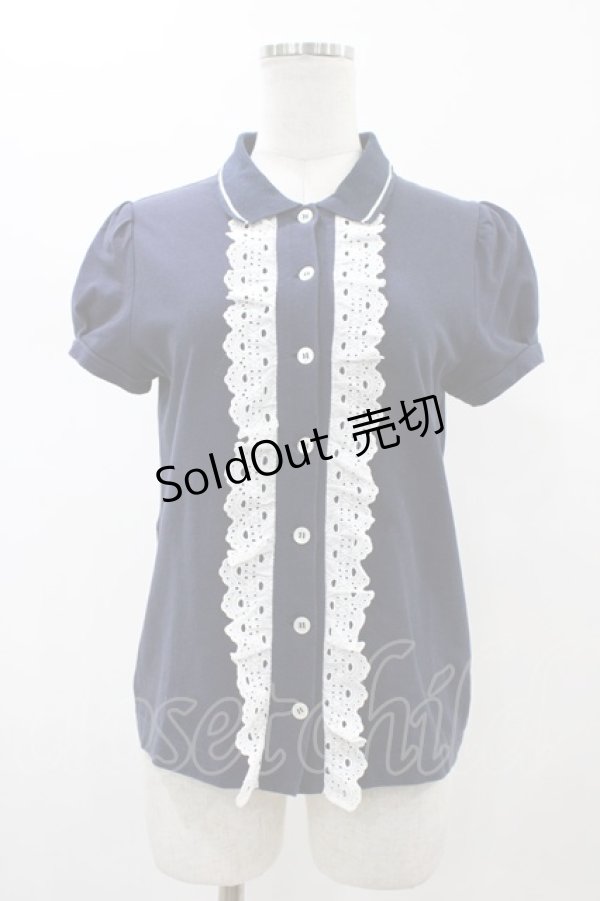 画像1: Jane Marple / レース付ポロトップス  ネイビー H-26-02-01-1054-JM-TO-KB-ZH (1)