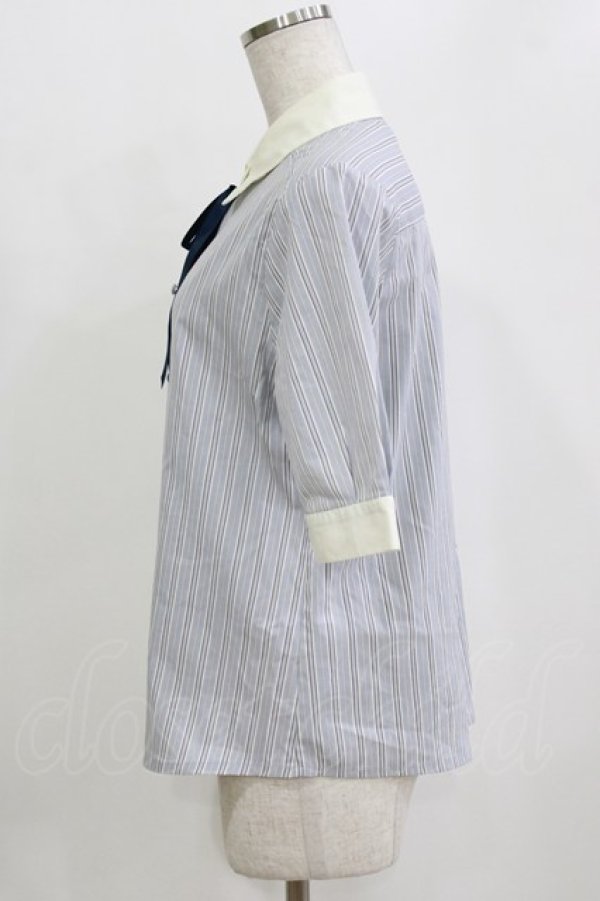 画像2: F i.n.t / タイ付きマルチストライプクレリック5分袖シャツ Free L/BLUE H-26-02-02-048-CA-BL-NS-ZH (2)