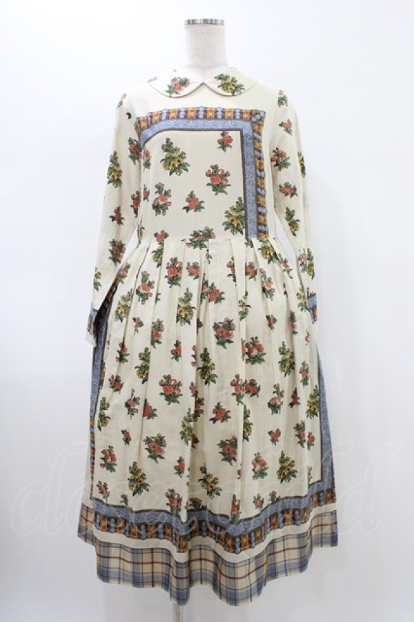 画像1: Jane Marple Dans Le Salon / Flowers of Jouy scarf Tartan check hem dress M アイボリー H-26-02-02-1031-JM-OP-AK-ZH (1)