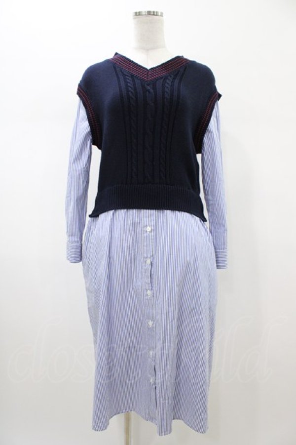 画像1: Jane Marple Dans Le Salon / Tilden vest and stripe trompe-l'oeil dress M ネイビー×ブルー H-26-02-02-1046-JM-OP-AK-ZH (1)