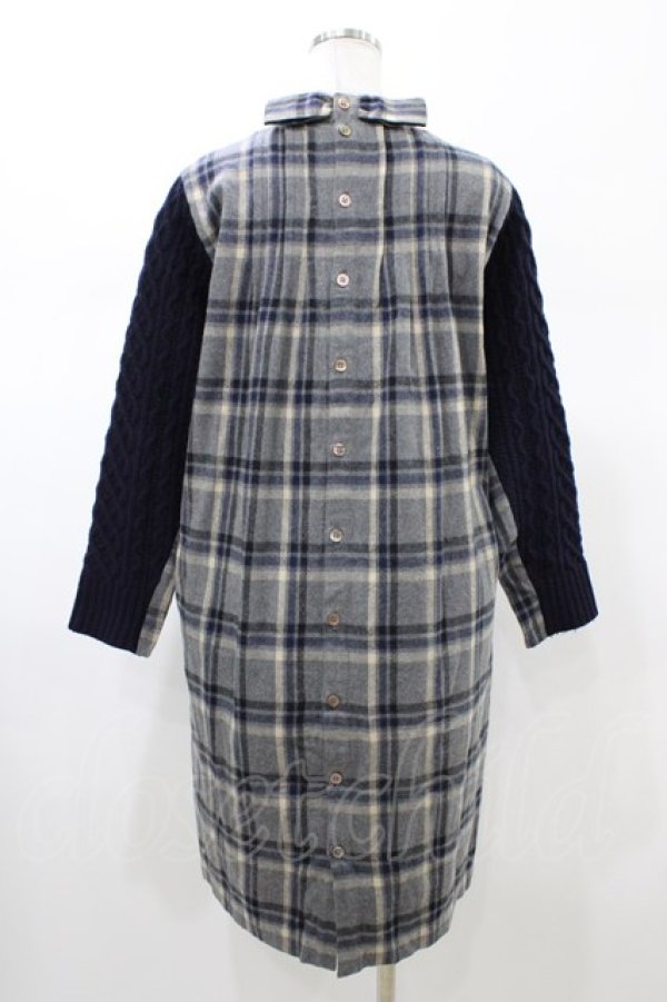 画像2: Jane Marple Dans Le Salon / アランニットとシャギーチェックのドレス M グレー×ネイビー H-26-02-02-1047-JM-OP-AK-ZH (2)