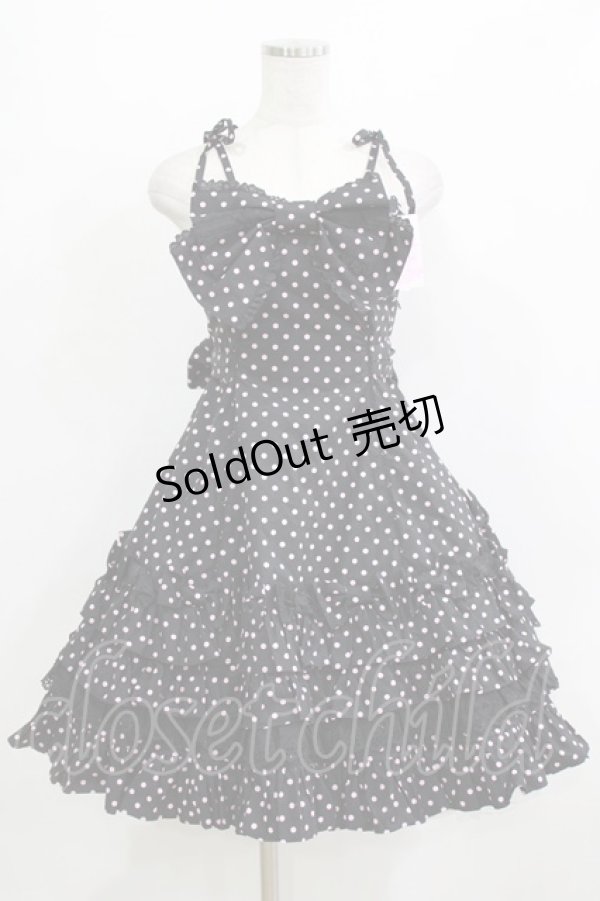 画像1: Angelic Pretty / リボントッピング ドットジャンパースカート Free ブラック/ピンク H-26-02-02-002-AP-OP-NS-ZH (1)
