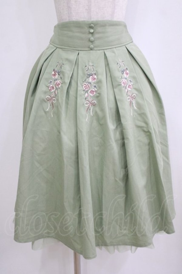 画像1: axes femme / リボンローズ刺繍タックスカート M ミント H-26-02-04-028-AX-SK-NS-ZH (1)