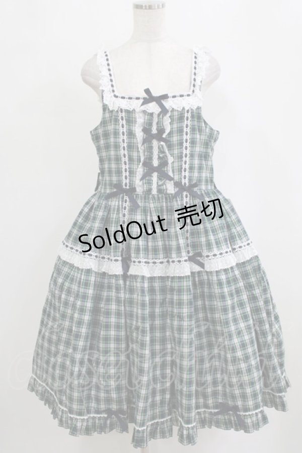 画像1: metamorphose / 【プラスサイズ】Sweetタータンはしごレースフリルジャンパースカート プラスサイズ ネイビー/グリーンチェック H-26-02-04-005-ME-OP-NS-ZH (1)