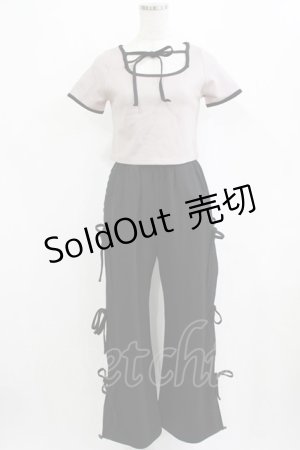 画像: pium / ストーンロゴリボンテープパンツセット Free ピンク×ブラック H-26-02-04-047-0-OP-NS-ZH