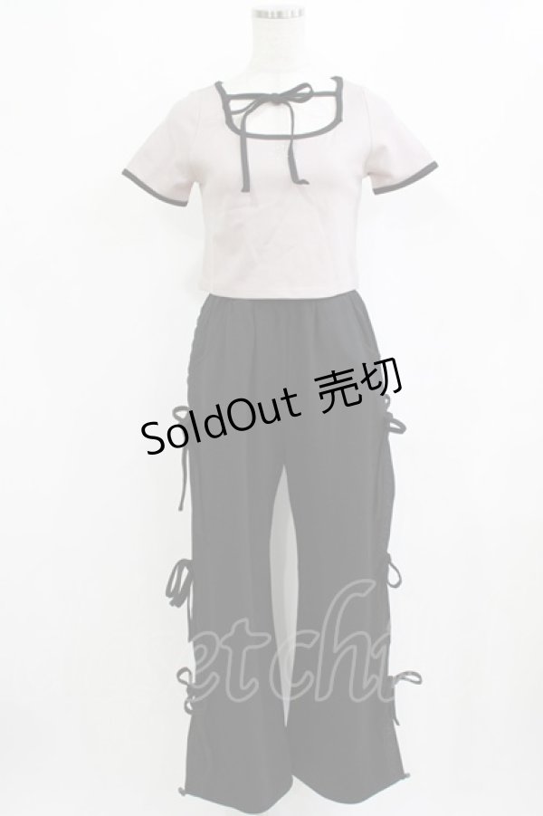 画像1: pium / ストーンロゴリボンテープパンツセット Free ピンク×ブラック H-26-02-04-047-0-OP-NS-ZH (1)