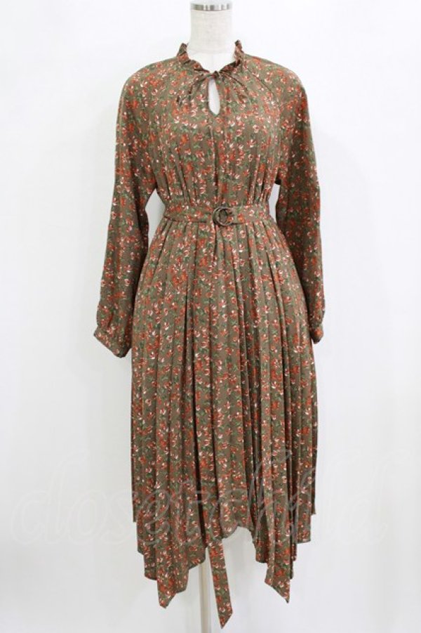 画像1: axes femme / 花柄イレヘムプリーツワンピース M ブラウン H-26-02-04-049-AX-OP-NS-ZH (1)