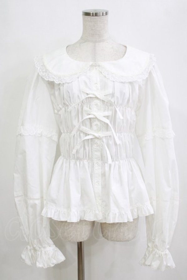 画像1: metamorphose / 【プラスサイズ】レース切替丸襟シャーリングブラウス プラスサイズ オフ H-26-02-04-055-ME-TS-NS-ZH (1)