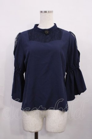 画像: axes femme POETIQUE / ブローチ付フレア袖ブラウス M ネイビー H-26-02-06-1012-AX-BL-NS-ZH