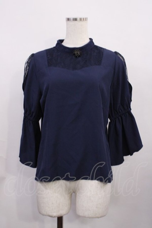 画像1: axes femme POETIQUE / ブローチ付フレア袖ブラウス M ネイビー H-26-02-06-1012-AX-BL-NS-ZH (1)