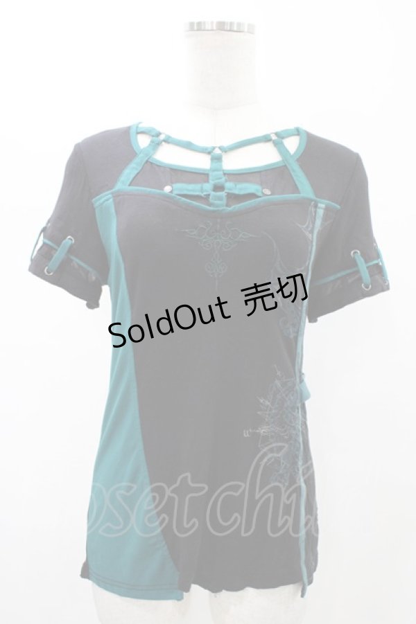 画像1: Ozz Croce / ハーネス風配色切替カットソー  ブラック×グリーン H-26-02-07-1038-OO-TO-KB-ZH (1)