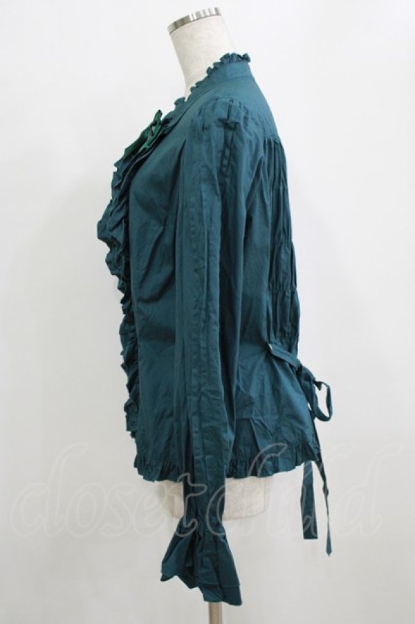 画像2: metamorphose / 【プラスサイズ】スタンドカラーピンタックフリルブラウス プラスサイズ グリーン H-26-02-08-045-ME-BL-NS-ZH (2)